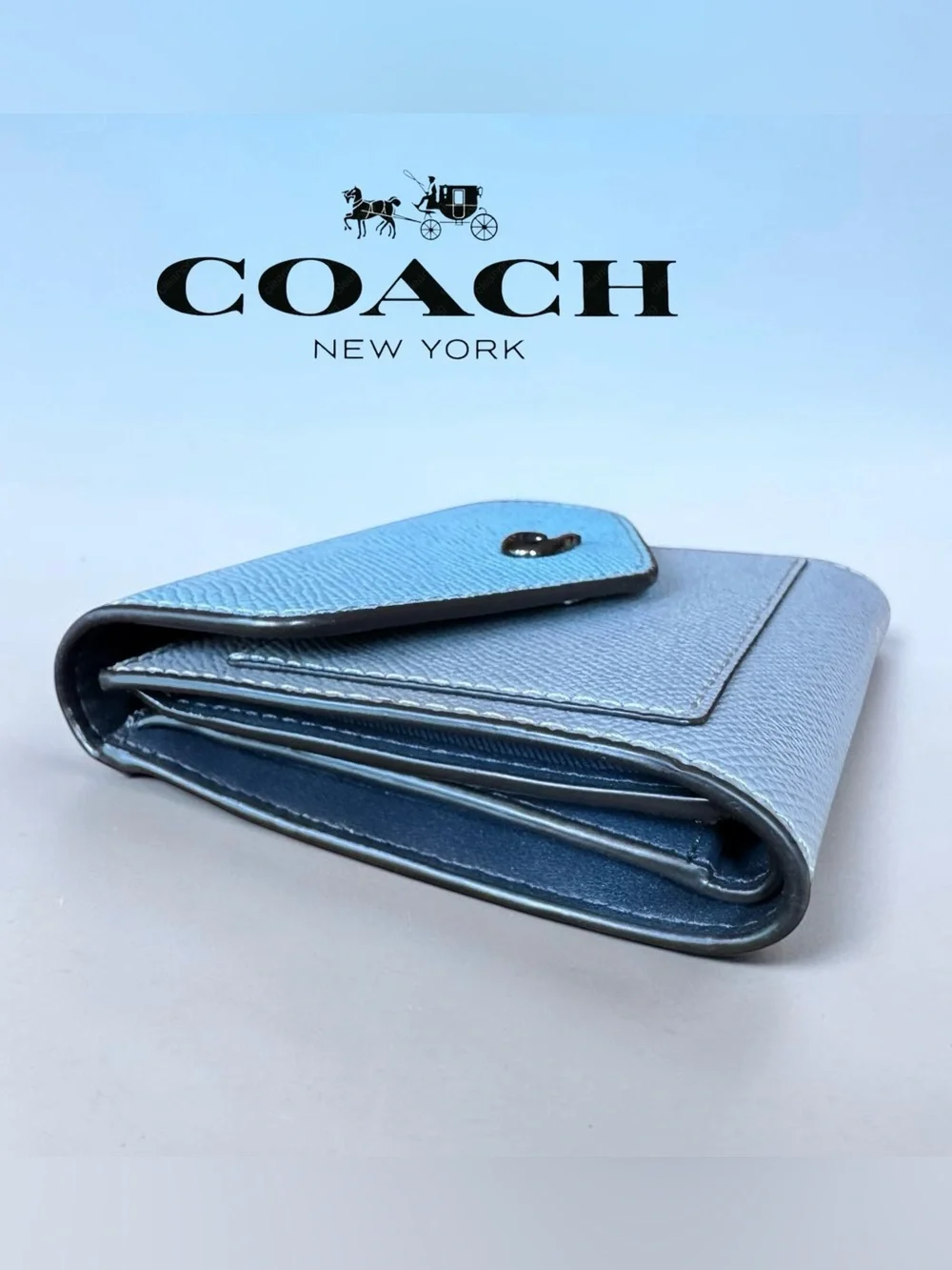 COACH Wyn Small Wallet in Dove Grey and Sky Blue Multi Colorblock.